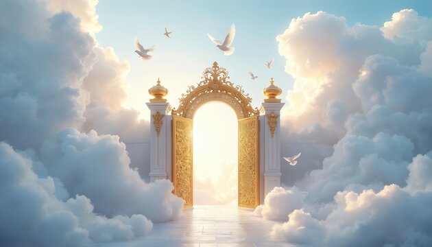 Open golden gates with doves flying through fluffy white clouds. Tranquil, heavenly scene with a bright light, creating peaceful atmosphere. Symbolizes spirituality, peace, freedom and afterlife.