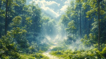 A serene illustration of a vast, misty forest with towering trees, a winding path, and soft light filtering through the leaves, ideal for a fantasy or adventure novel cover