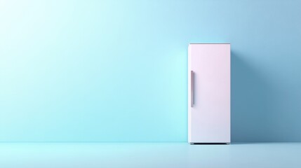 Modern Minimalist White Refrigerator Against Soft Blue Wall with Light Reflection for Home Interior or Kitchen Design Inspiration