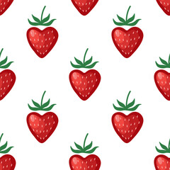 Valentines Day seamless pattern with cute strawberry hearts on a white background. Red heart shaped strawberries background in cartoon style. Vector pattern for a wrapping paper, textiles, wallpapers