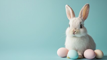 Obraz premium Charming Easter bunny design showcases a fluffy rabbit surrounded by pastel-colored eggs, perfect for celebrating the holiday with an area for personalized text