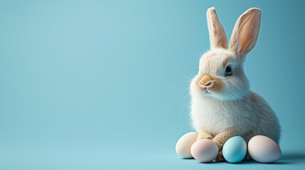 Fototapeta premium This cheerful Easter bunny banner features a cute rabbit surrounded by softly colored eggs, providing plenty of space for personalized text to enhance holiday celebrations