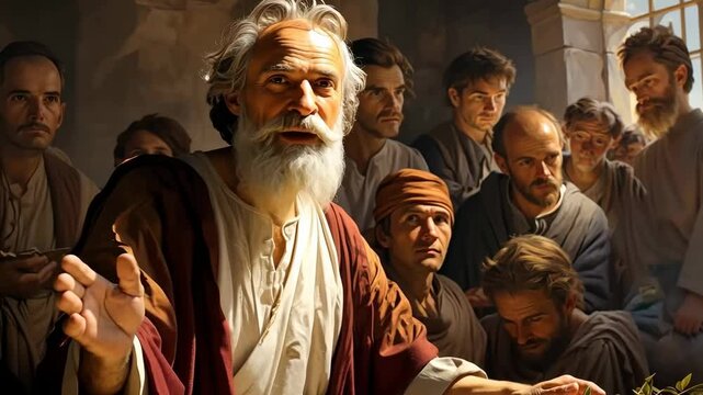 A prophet of God preaching in the synagogue to the crowd 4K