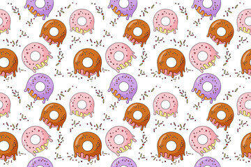 Pattern seamless of donuts with sprinkles and icing. The donuts are in various colors and sizes. Vector flat illustration on white background