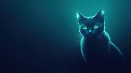 Mysterious Cat Silhouette with Glowing Eyes Against a Dark Background in Soft Blue and Green Light