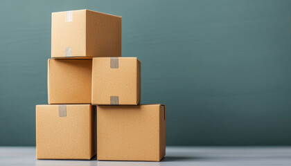 Fototapeta premium Four stacked cardboard boxes on wooden surface against green background