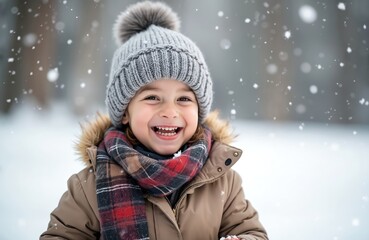 Happy smiling kid plays outdoors in winter snowfall. Child wearing warm clothes hat scarf, coat, enjoying snow. Winter season, childhood, fun, active, joyful, playful moments. Family, fun during