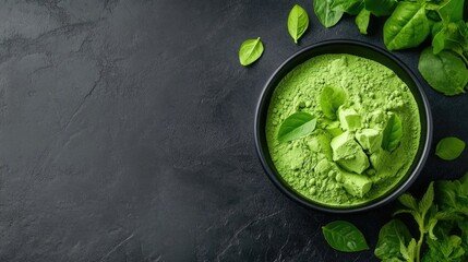 Green Powder in Bowl Surrounded by Fresh Herbs and Leaves