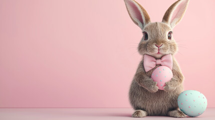 A delightful Easter bunny stands proudly with a colored egg, surrounded by a soft pink backdrop. This festive design includes ample space for personalized holiday messages or greetings