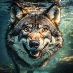 Obraz premium Underwater Portrait of a Smiling Gray Wolf