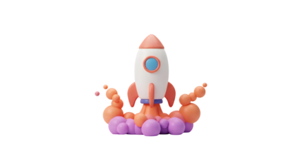 Colorful 3D Rocket Launching with Stylized Smoke and Bubbles in Vibrant Pastel Colors for Creative and Playful Graphic Designs