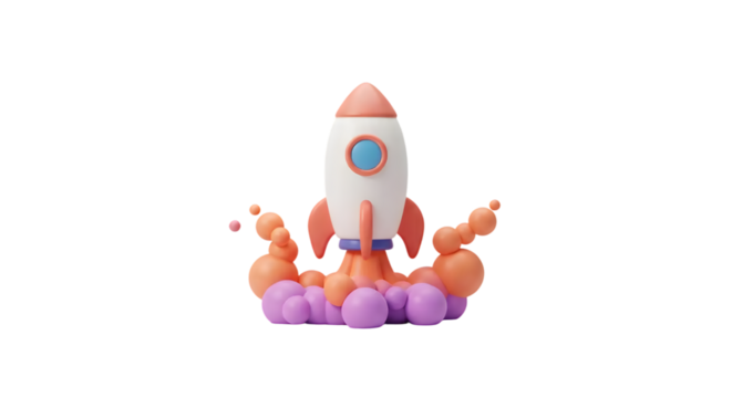 Colorful 3D Rocket Launching with Stylized Smoke and Bubbles in Vibrant Pastel Colors for Creative and Playful Graphic Designs