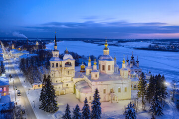 Aerial view of Veliky Ustyug at sunset.