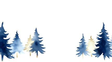 Watercolor winter forest landscape with navy blue and gold pine trees creates magical seasonal pattern for holiday designs and festive decorations.