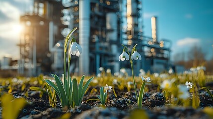 Delicate snowdrops bloom near industrial facility, symbolizing nature's resilience amid urban development. Environmental contrast shows hope and renewal in spring landscape.