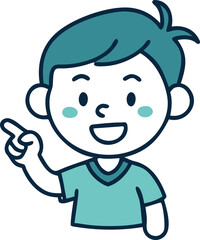 A stylized cartoon boy with blue hair, pointing forward.