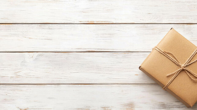 brown paper package tied with string on white wooden background