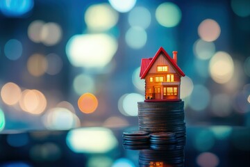 Miniature house glowing warmly atop stacked coins with a colorful bokeh city background, representing property investment and financial security. Ideal for banking, finance, and housing ads