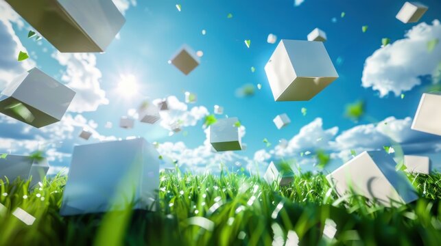 Abstract many white cubes flying on green grass meadow against blue sky background. Generated AI