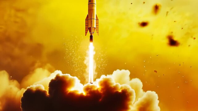 Rocket is taking off into the sky. Rocket fires a yellow background. A man hovering over a fire hydrant lights up smoke. A rocket is launching lifestyle into the sky.