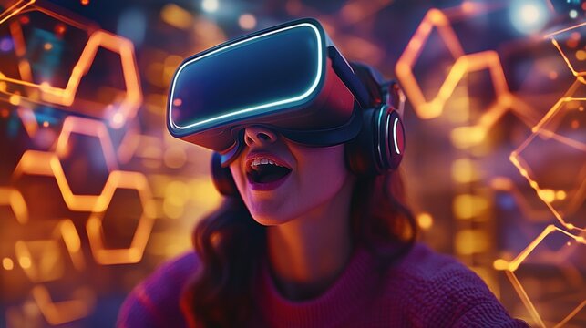 Young woman in headphones and VR headset immersed in a colorful virtual reality world featu glowing orange hexagonal shapes and dynamic visuals