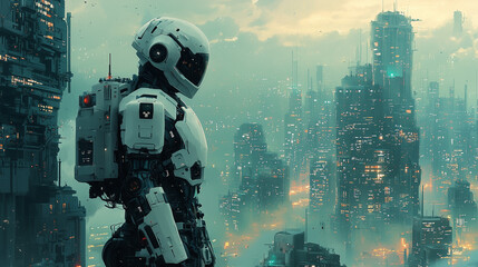 Silhouetted woman stands in a glowing futuristic room filled with digital lights, technology, and cyber elements.