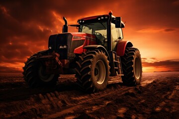 Fototapeta premium Big heavy tractor on the field in golden sky sunset view. Generate AI image