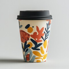 Colorful patterned reusable coffee cup featuring floral abstract designs and black lid. Generated AI