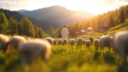 Shepherd in long robe stands with flock of sheep in lush green pasture surrounded by sunlit mountains and vibrant forest in the background landscape