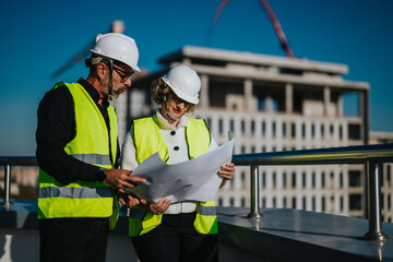 Two architects wearing hard hats and safety vests review construction plans outdoors. A partially...