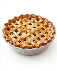 Delicious Homemade Apple Pie with Lattice Crust in White Dish on White Background