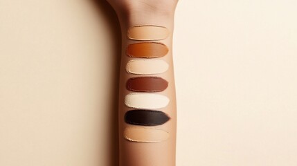 Diverse skin tone swatches displayed on a model's arm showcasing a variety of shades against a neutral backdrop for beauty and makeup purposes