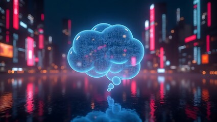 Futuristic Cityscape with Neon Lights and Digital Cloud Hologram Reflective Surface Cyberpunk Ambiance Night Setting Vibrant Colors