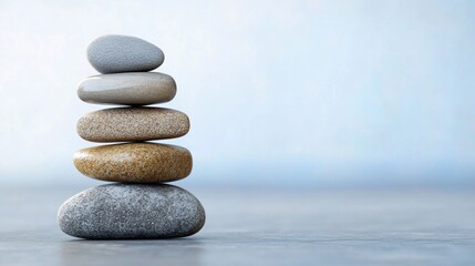 Fototapeta premium A serene stack of five smooth and naturally-colored stones positioned elegantly on a gray surface with a soft blurred light-blue background setting