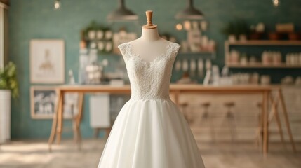 Naklejka premium Elegant wedding dress displayed on mannequin against stylish boutique interior with green walls and charming decor elements, showcasing bridal fashion and design