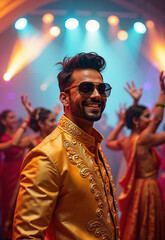 A vibrant close-up of a smiling Indian man in golden, embroidered attire, poster for Bollywood music and dance, can be used for indian style wedding