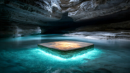 A stunning cave scene with an illuminated pool. A square platform floats on the water creating a magical glow suggesting underwater life.  Perfect for fantasy art.