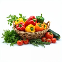 Basket fresh organic vegetables isolated on white background. Bell peppers red yellow orange green colors. Tomatoes, zucchini, herbs. Healthy vegetarian diet, eco food concept, farm harvest.
