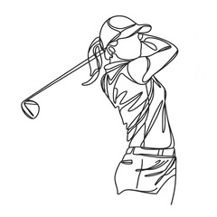 A pencil sketch of a female golfer taking a swing.