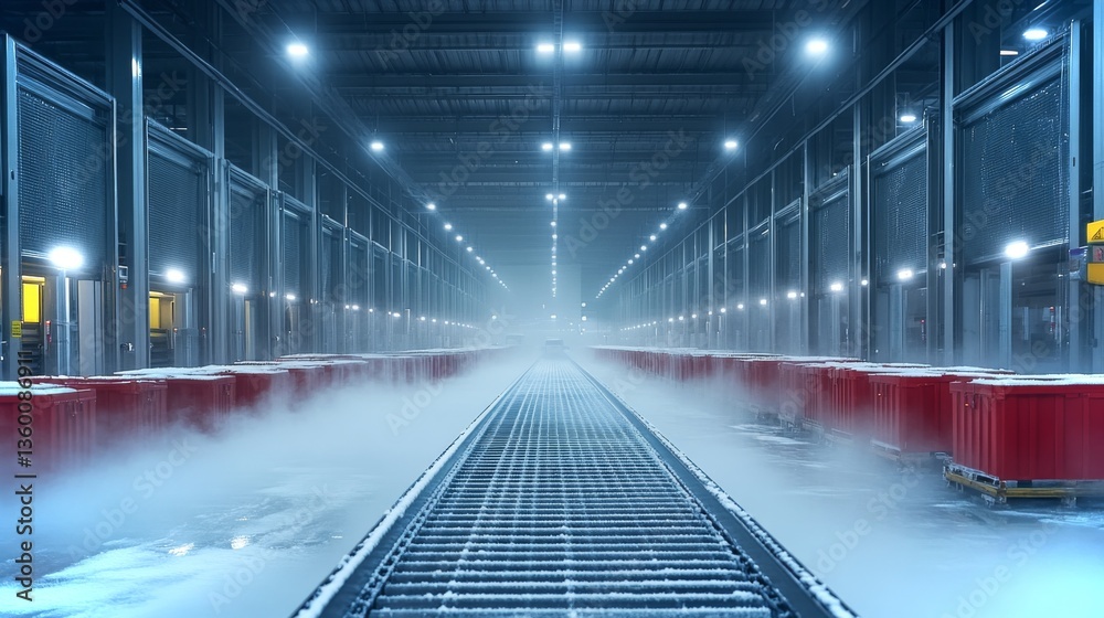 Poster A well organized cold storage facility is set up for the safe storage and distribution of temperature sensitive pharmaceuticals. Red containers line the aisles beneath bright lighting and mist.
