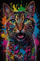 Ausdrucksstarkes Katzenportrait mit leuchtenden blauen Augen und intensiven Farbspritzern auf dunklem Hintergrund