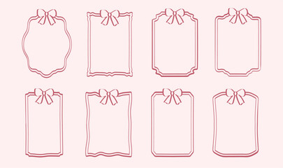 Vintage bow frames for greeting cards, wedding and birthday parties, and picnic invitations in cute elegant coquette style. Hand-drawn ribbon border illustration for social media decoration template. 