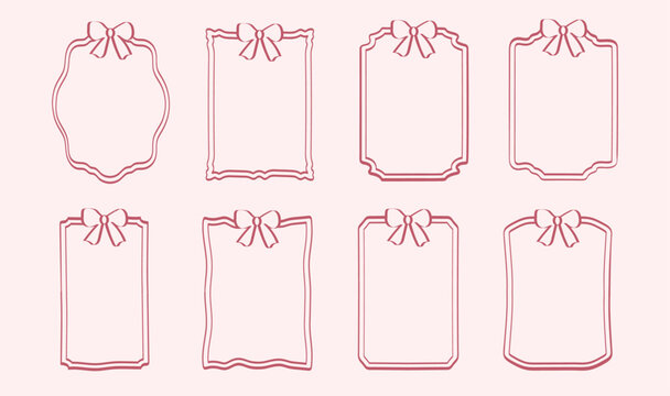 Vintage bow frames for greeting cards, wedding and birthday parties, and picnic invitations in cute elegant coquette style. Hand-drawn ribbon border illustration for social media decoration template. 