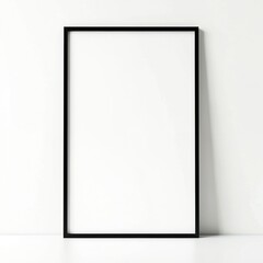 Black frame with blank white background. Empty poster picture stands against white wall. Template for art, photography, design, advertising, business projects. Mock-up for presentation of artwork,
