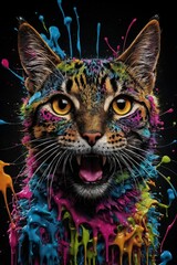 Farbenprächtiges Katzenportrait mit intensiven gelben Augen und leuchtenden Farbspritzern auf dunklem Hintergrund