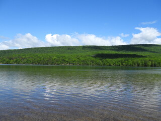 The beautiful scenery of Lake Habeeb, nestled within the Rocky Gap State Park, Allegany County, Flintstone, Maryland.