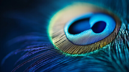 Fototapeta premium A macro close-up of a peacock feather set against a blue background, showcasing its intricate details