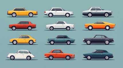 Collection of vintage cars in various colors and styles, shown in profile view against a muted background.