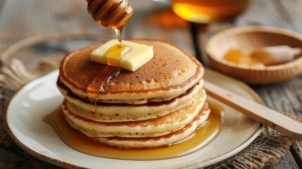 Delicious sweet pancakes with golden honey and butter on wooden plate