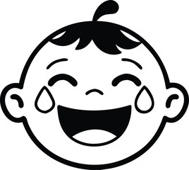 A monochrome line art of a baby smiling widely.